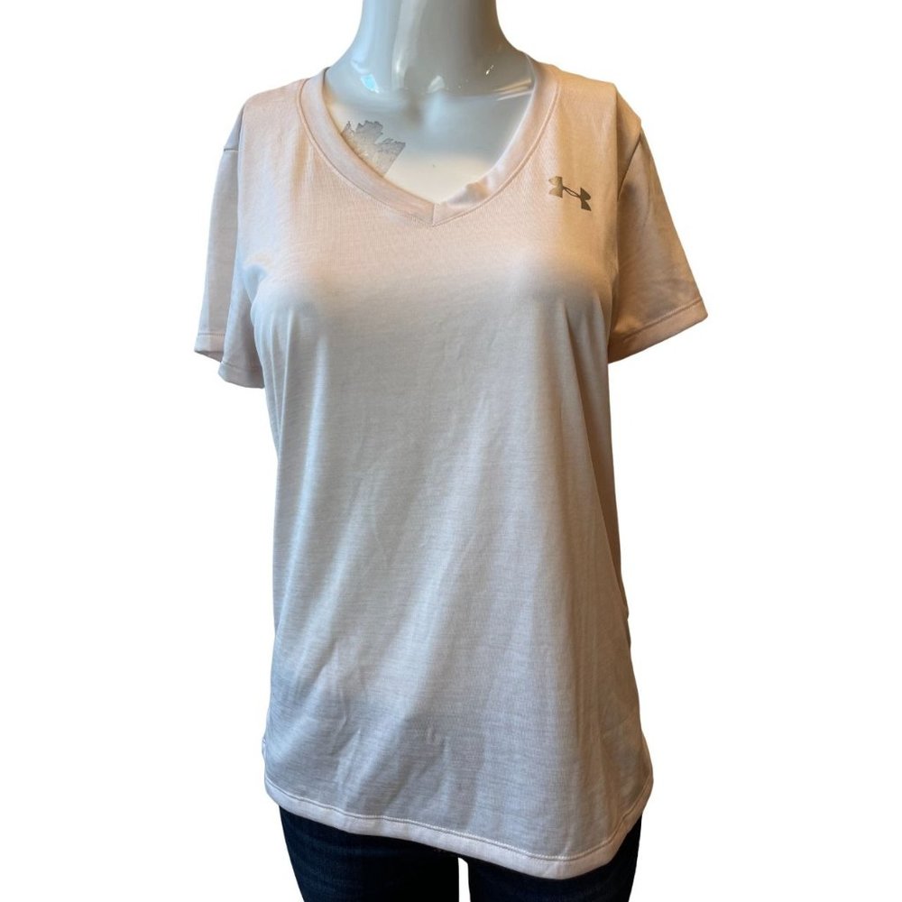 Under Armour Womens V Neck T Shirt 1258568 Heat gear Loose Short Sleeve Cream S